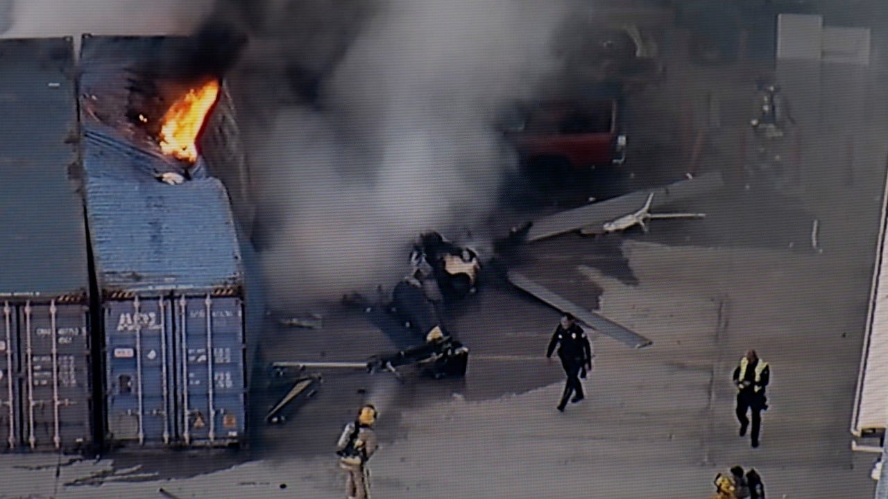 Helicopter crash scene in a Los Angeles suburb