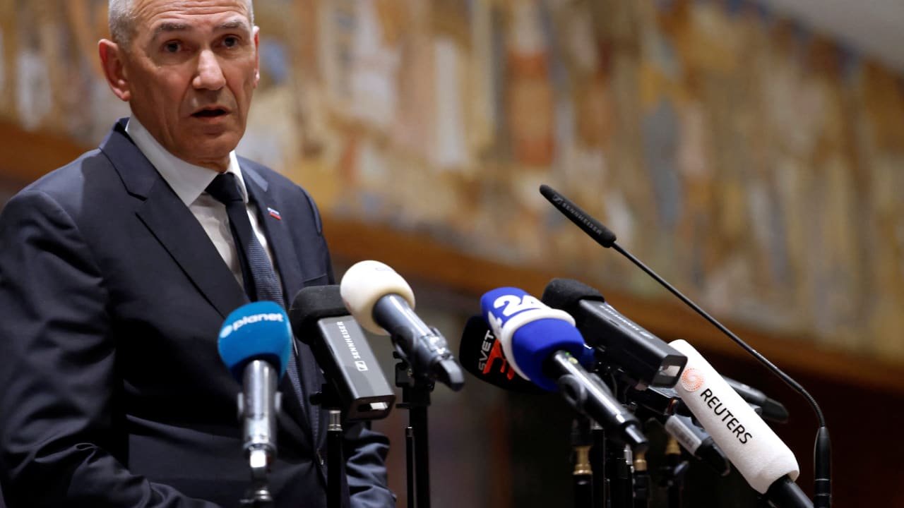 Janez Janša, president of the Slovenian Democratic Party, at a press conference.