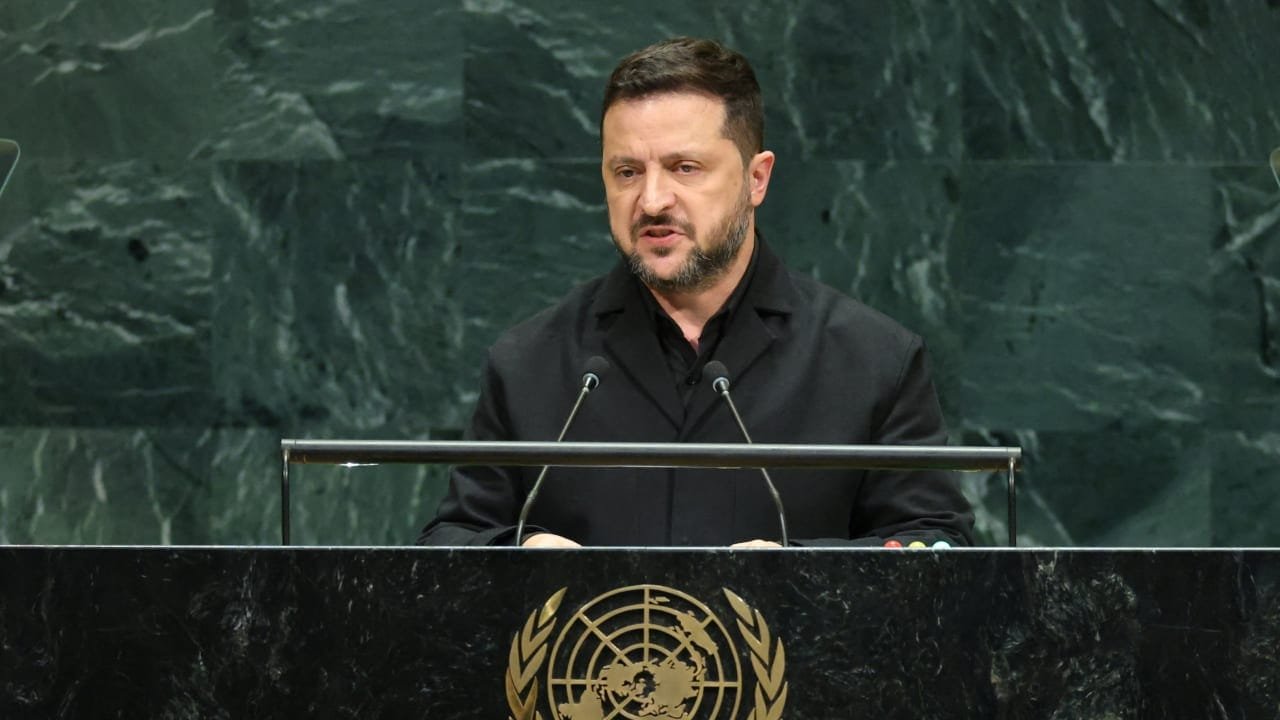 Ukrainian President Volodymyr Zelensky speaking at the 81st UN General Assembly in New York