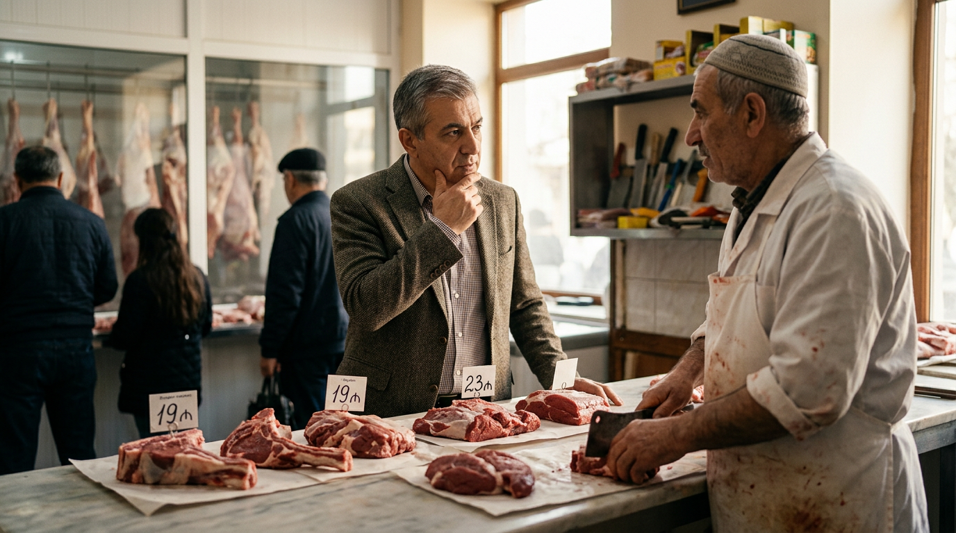 Meat counters at a fresh food market in Azerbaijan