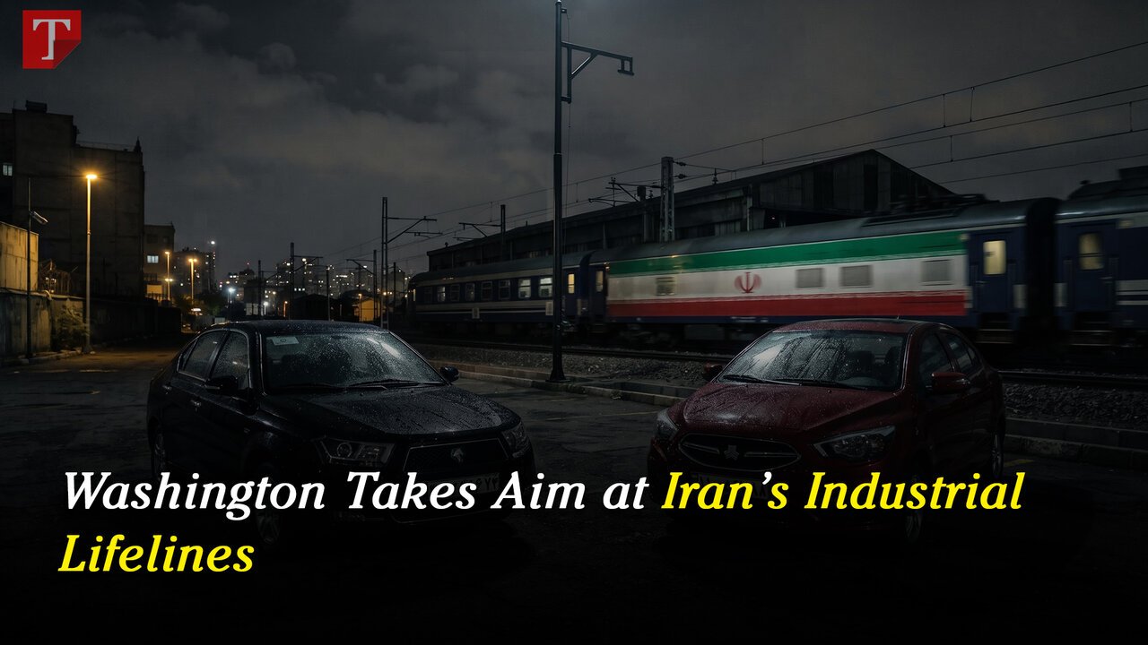 Flags of the United States and Iran against an industrial background