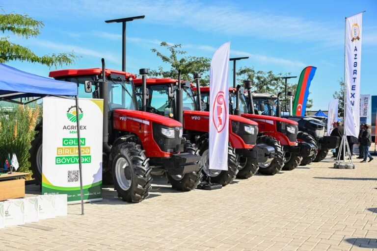 Participants viewing exhibition stands at the 100th Anniversary Agrarian Business Festival in Aghdam district
