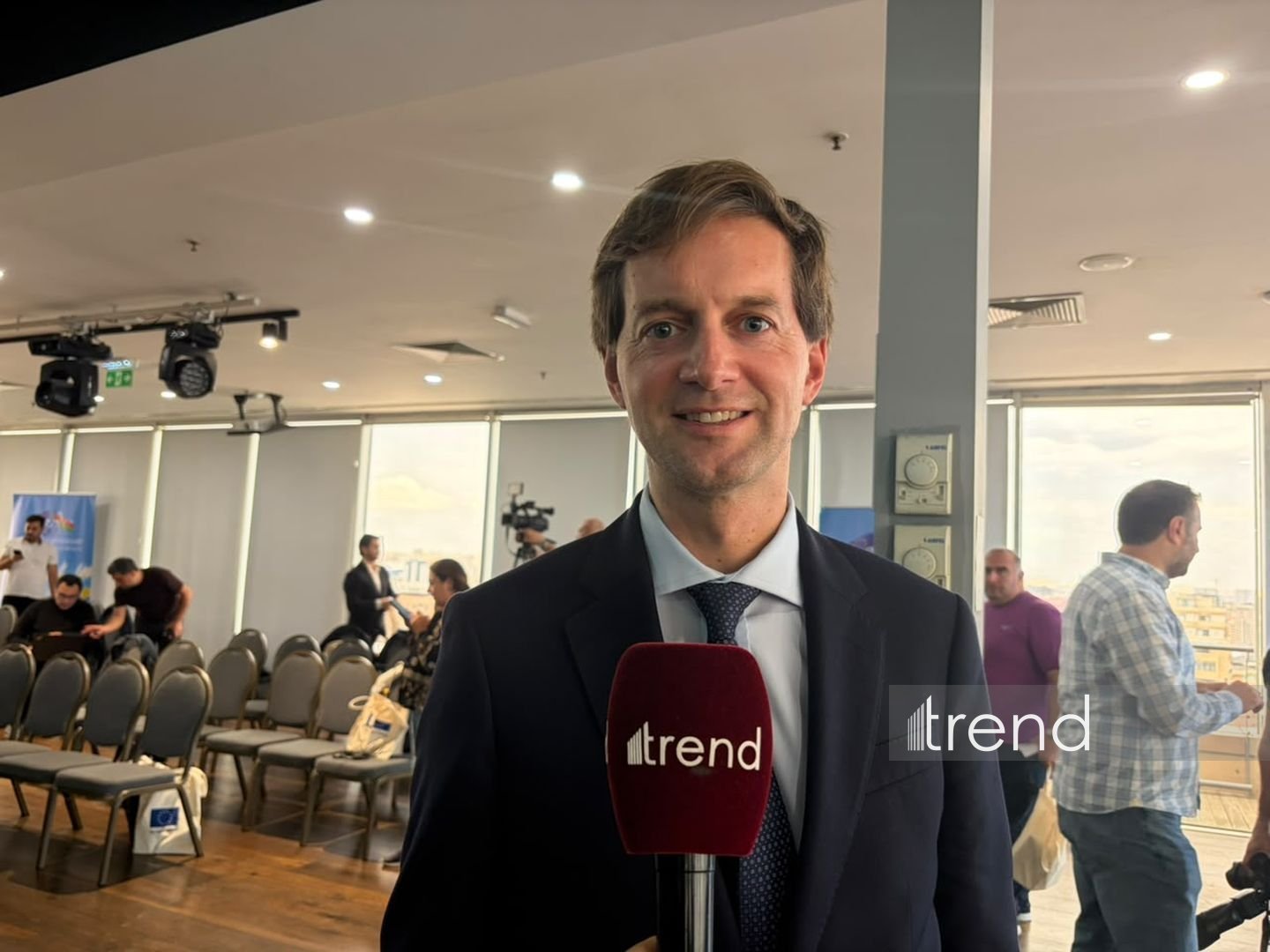Belgium's ambassador to Azerbaijan, Julien de Fraipont, speaking at a briefing in Baku